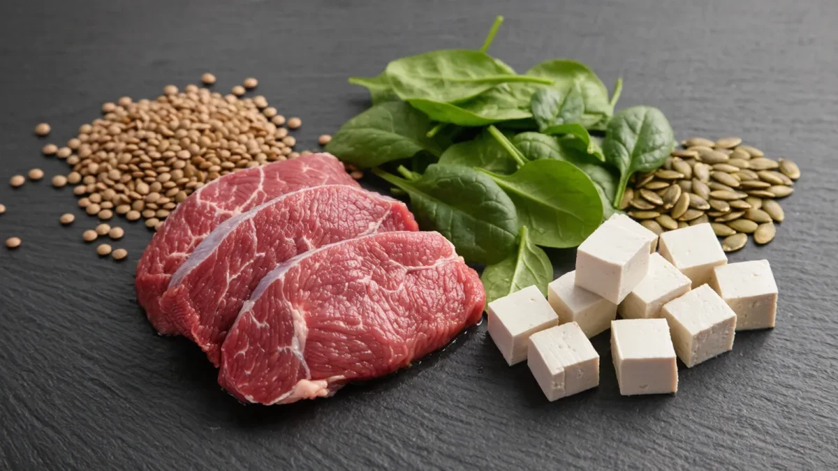 Close-up of iron-rich foods including lentils, red meat and spinach