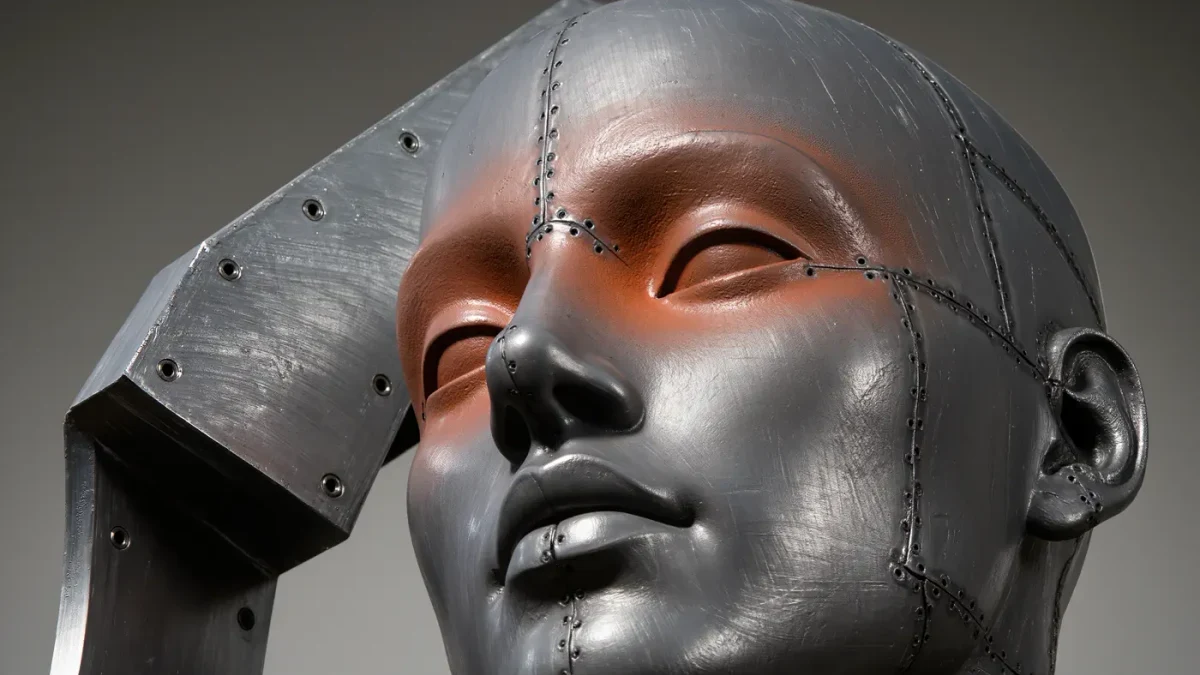 Detail of a welded public sculpture surface with bolted seams