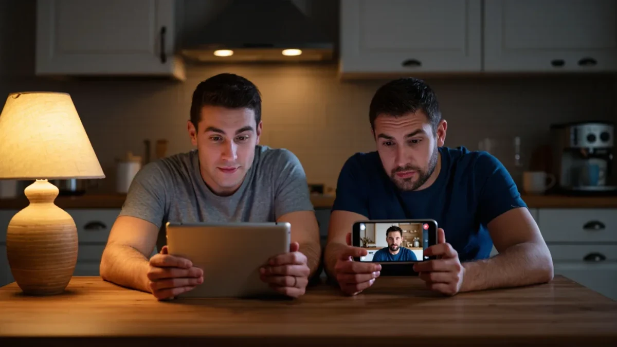 Two friends comparing a phone video against archived news on a tablet