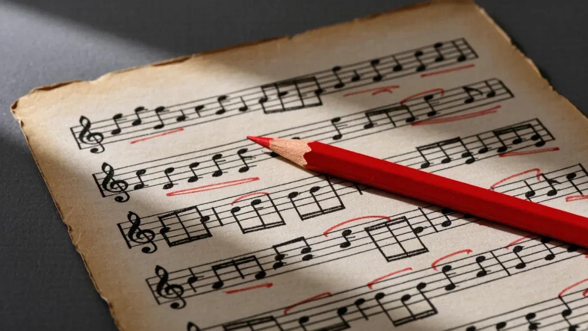 Close-up of a handwritten orchestral sketch score with red pencil