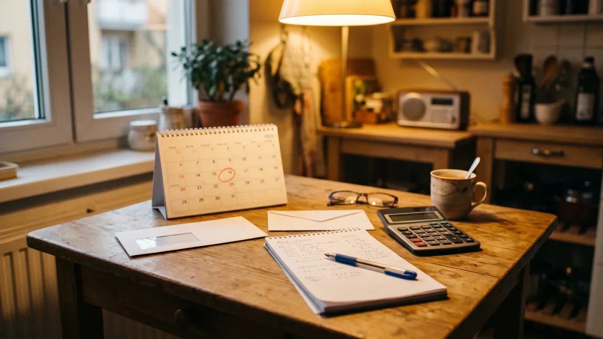 Kitchen table with bills, calendar, and pen mid-budget review