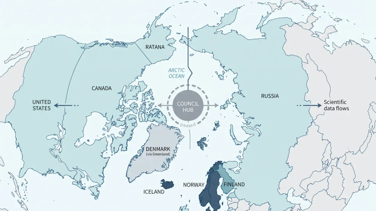 Diagram of Arctic Council members around a polar map with a paused center