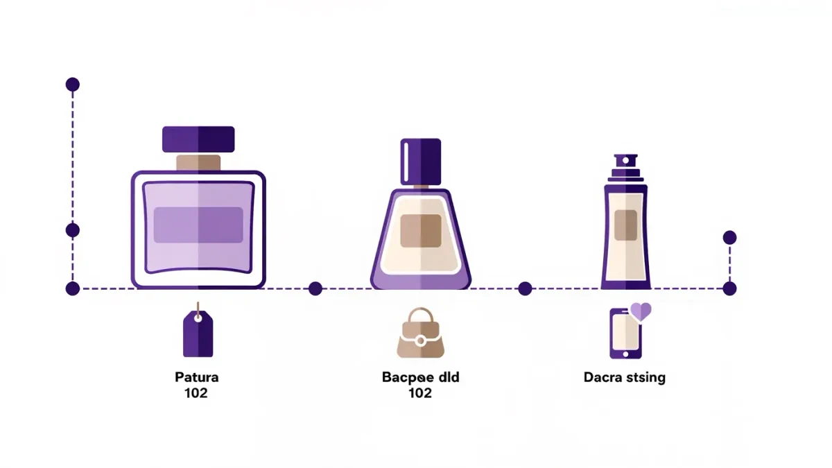 Flat lay of a tote bag with several small travel perfume bottles spilling out beside it