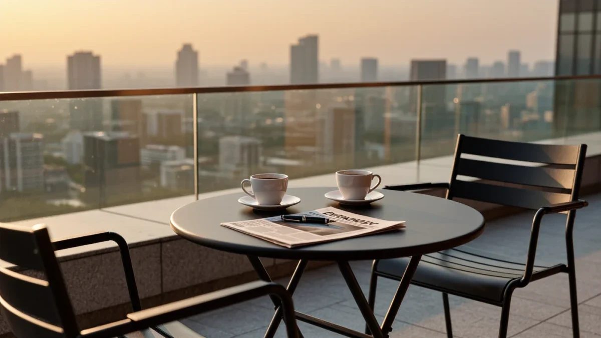 Quiet dividend-payment morning on an urban office terrace