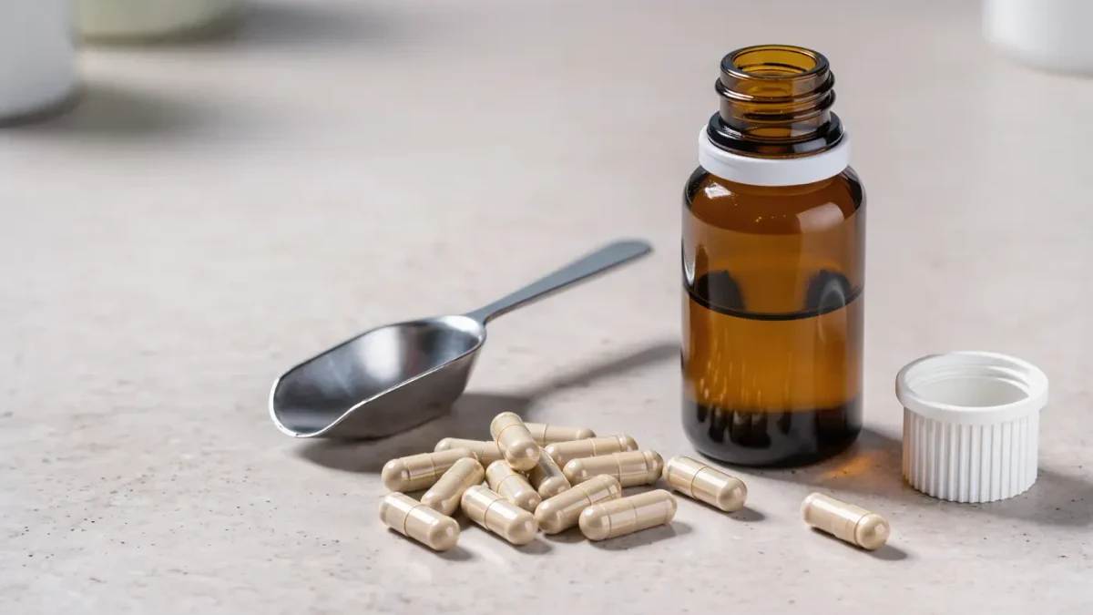 Amber supplement jar with white cap on a bright shelf