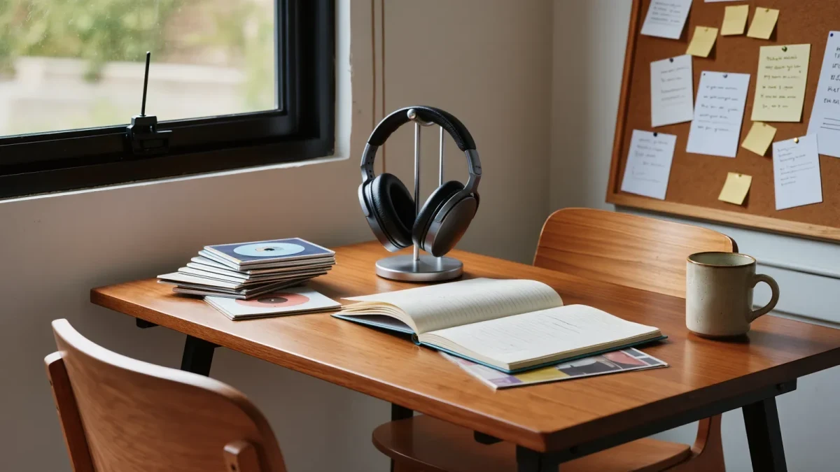 Curator's desk with headphones, notebooks and stacked CDs, morning light