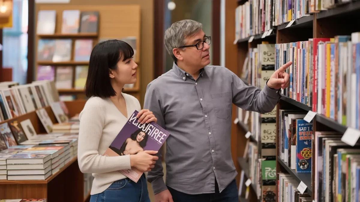 Reader choosing between graphic novels and game cases on a shelf