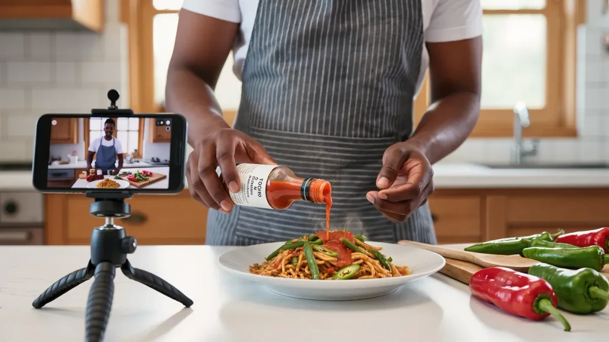 Home cook filming a hot sauce bottle with a phone on a tripod