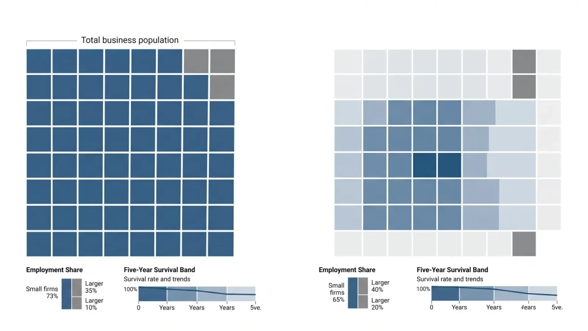 Grid of one hundred squares with a large majority tinted as small firms