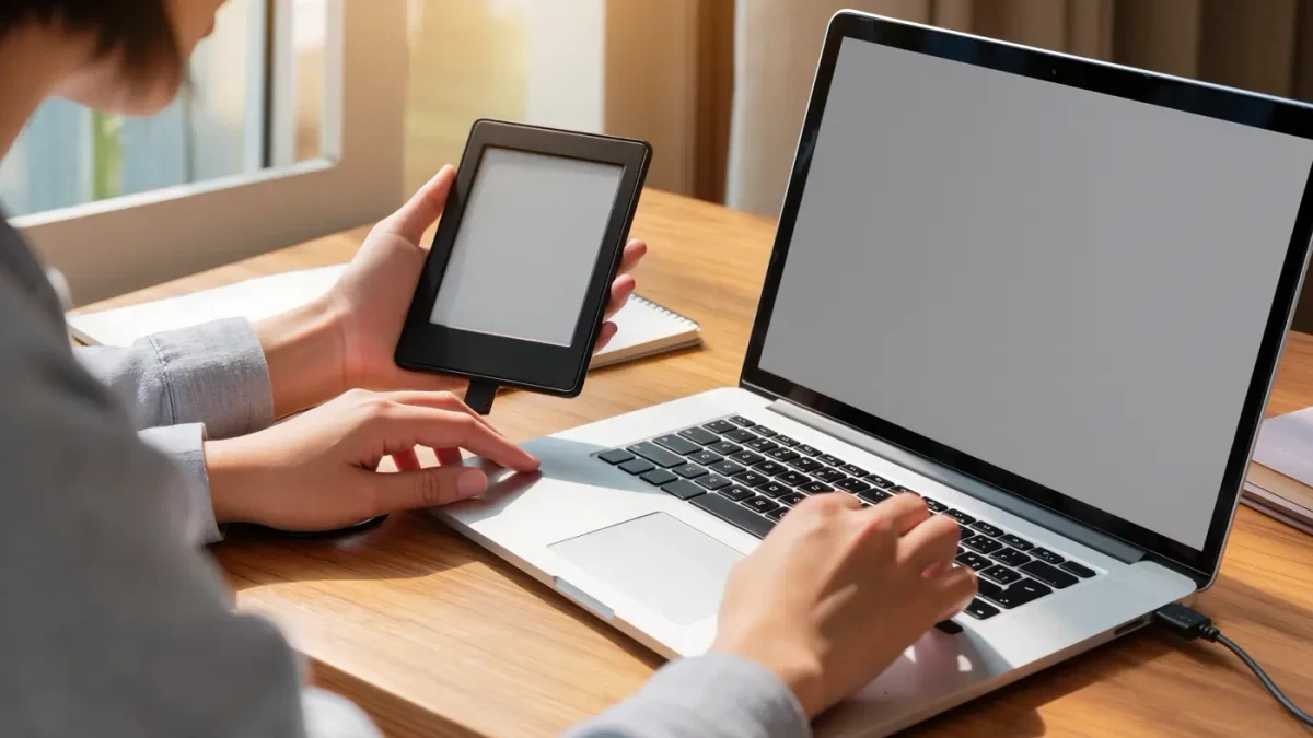 Person connecting a generic e-reader to a laptop with USB cable