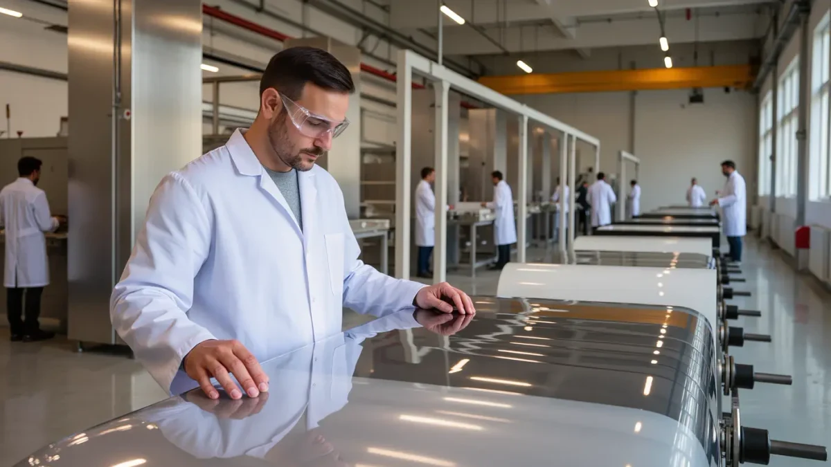 Technician inspecting a wide master roll inside a film coating plant