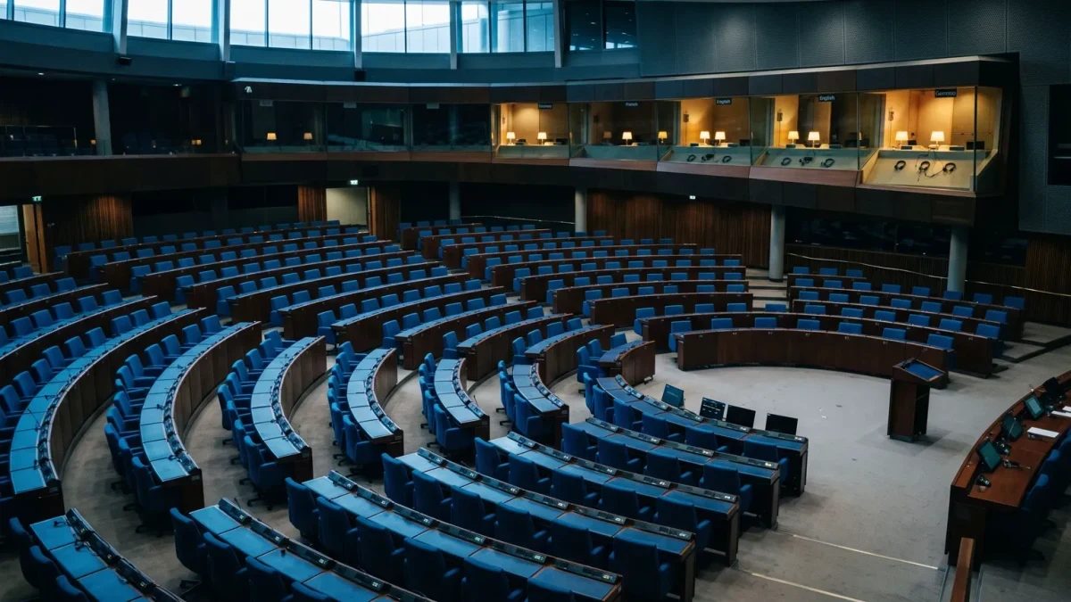 Empty hemicycle chamber with rows of glass interpreter booths above