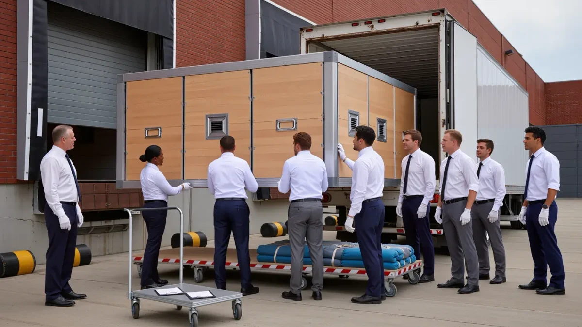 Museum registrars and art handlers unloading a wooden art crate at a loading dock