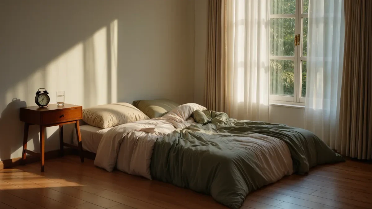 Quiet bedroom in soft morning light with an unmade bed