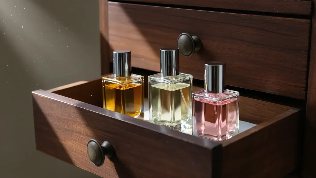 Three perfume bottles standing in an open dresser drawer in soft light