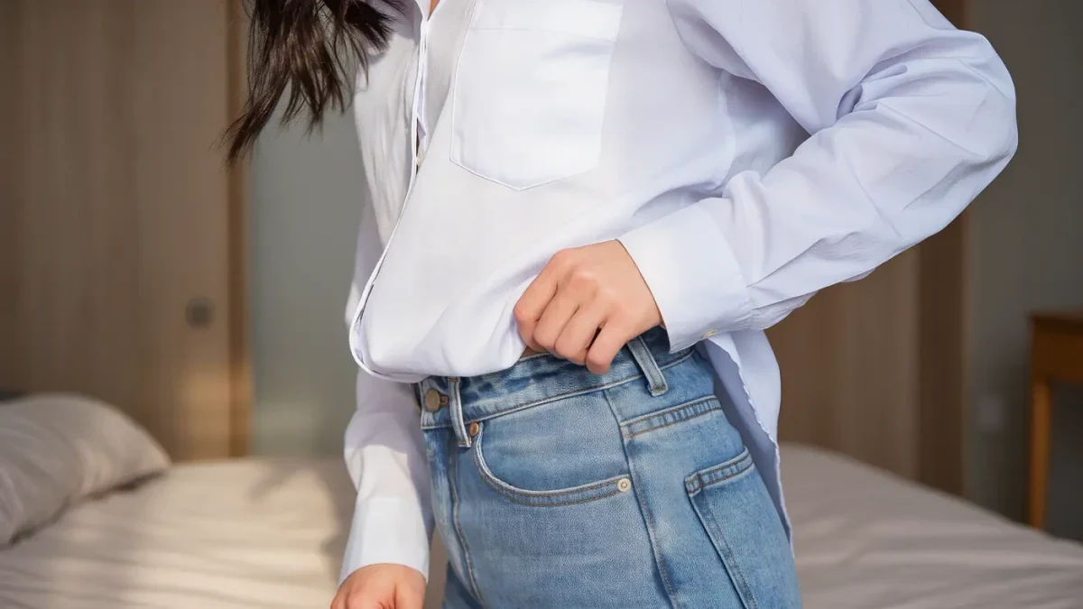 Woman tucking a white shirt into high-waisted jeans in daylight bedroom