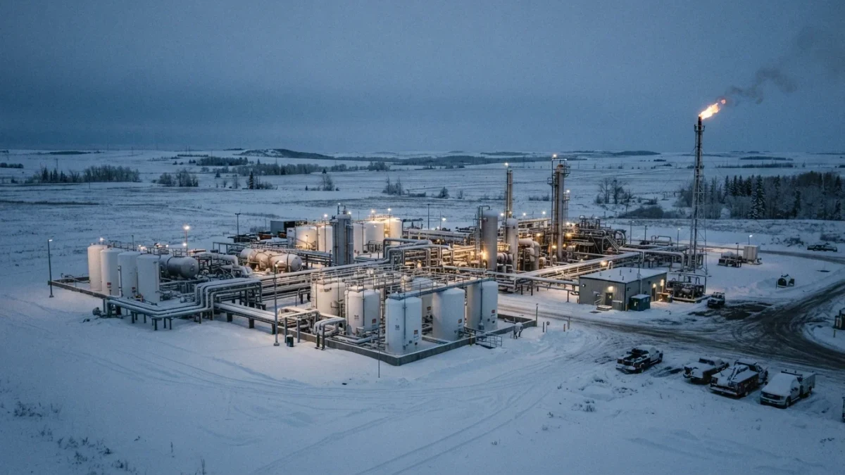 Snow-covered natural gas processing plant with storage tanks