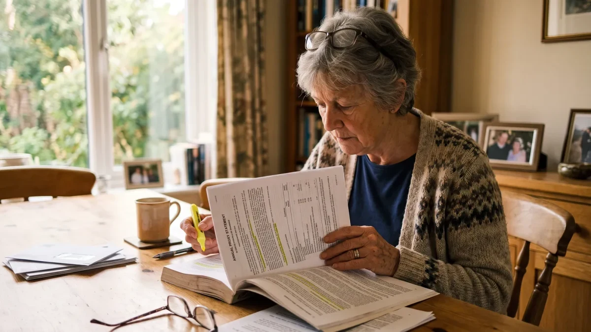 A shareholder studying a proxy statement at a kitchen table