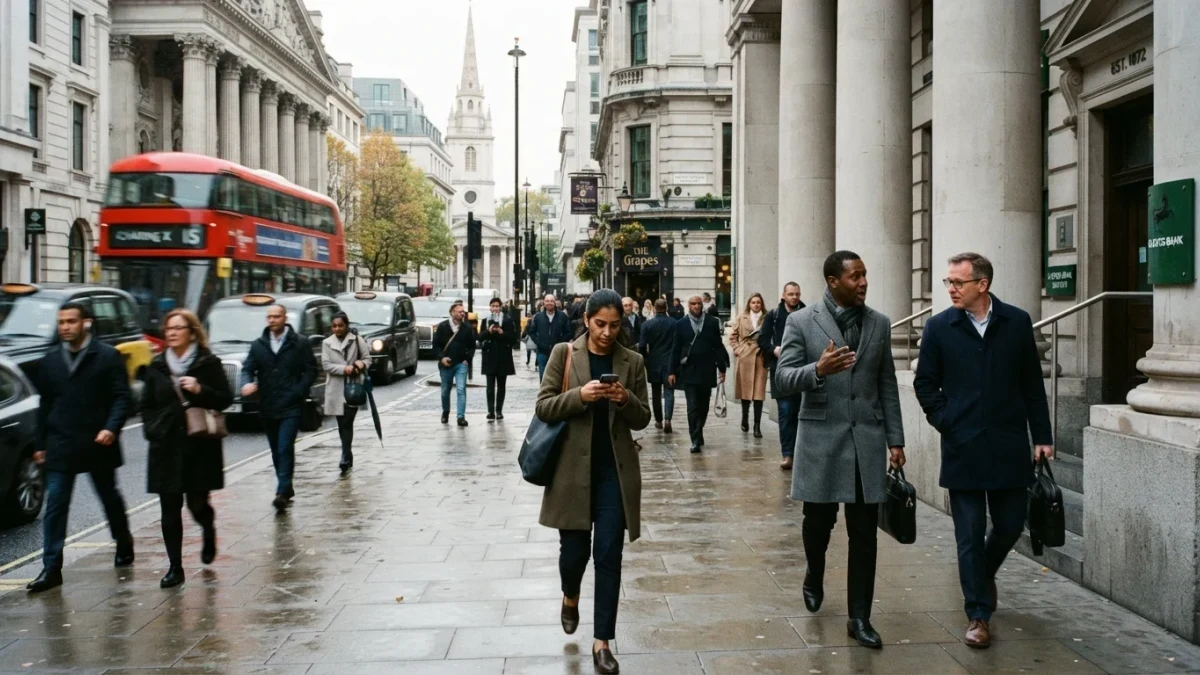 Diverse Londoners walking through a financial district street