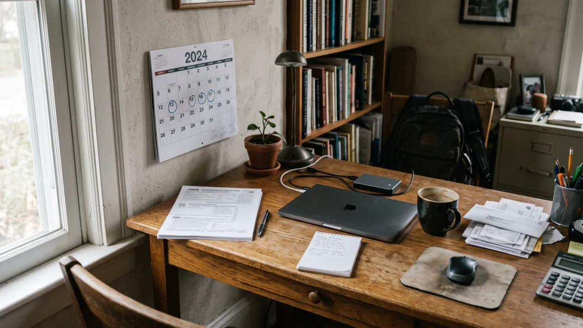Contractor workspace with tax forms and calendar