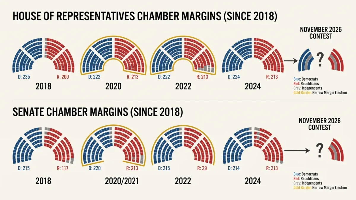 Party-style seating chart infographic of House and Senate control margins