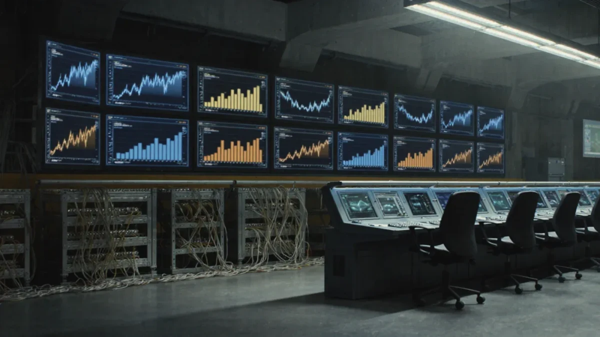 Photojournalistic scene of a server-style data wall showing streaming viewing dashboards at night