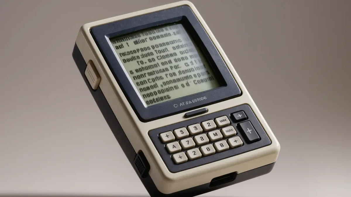Worn vintage e-reader with physical buttons resting on a desk