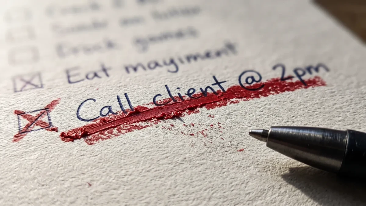 Macro of a red strike-through drawn across a printed task card