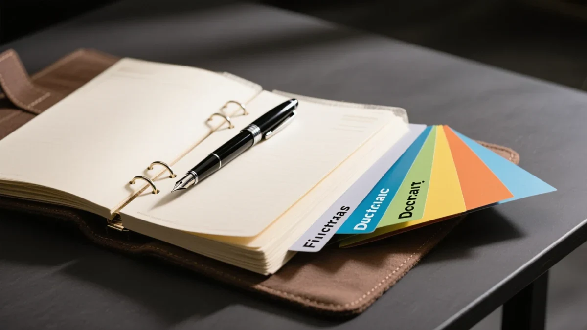 Close-up of a multi-year planning binder with tab dividers