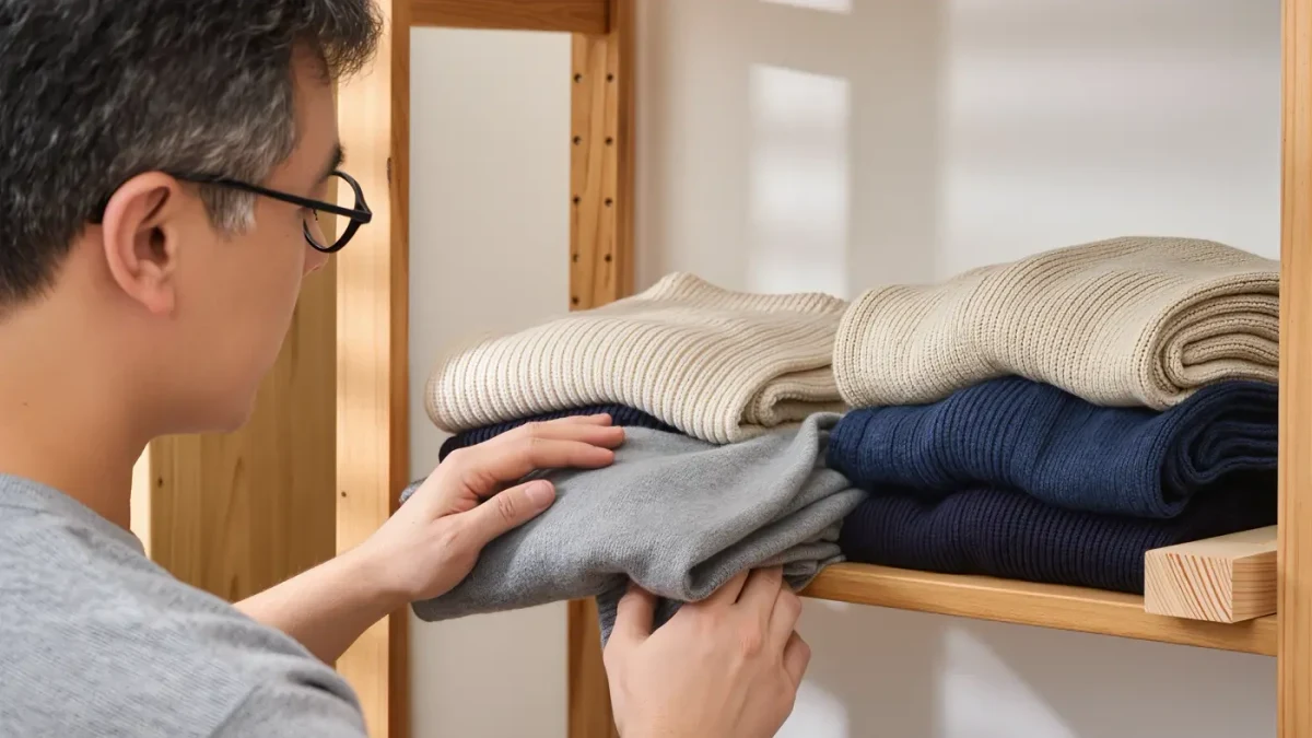 Man folding a gray wool sweater on a wooden shelf beside a folded stack