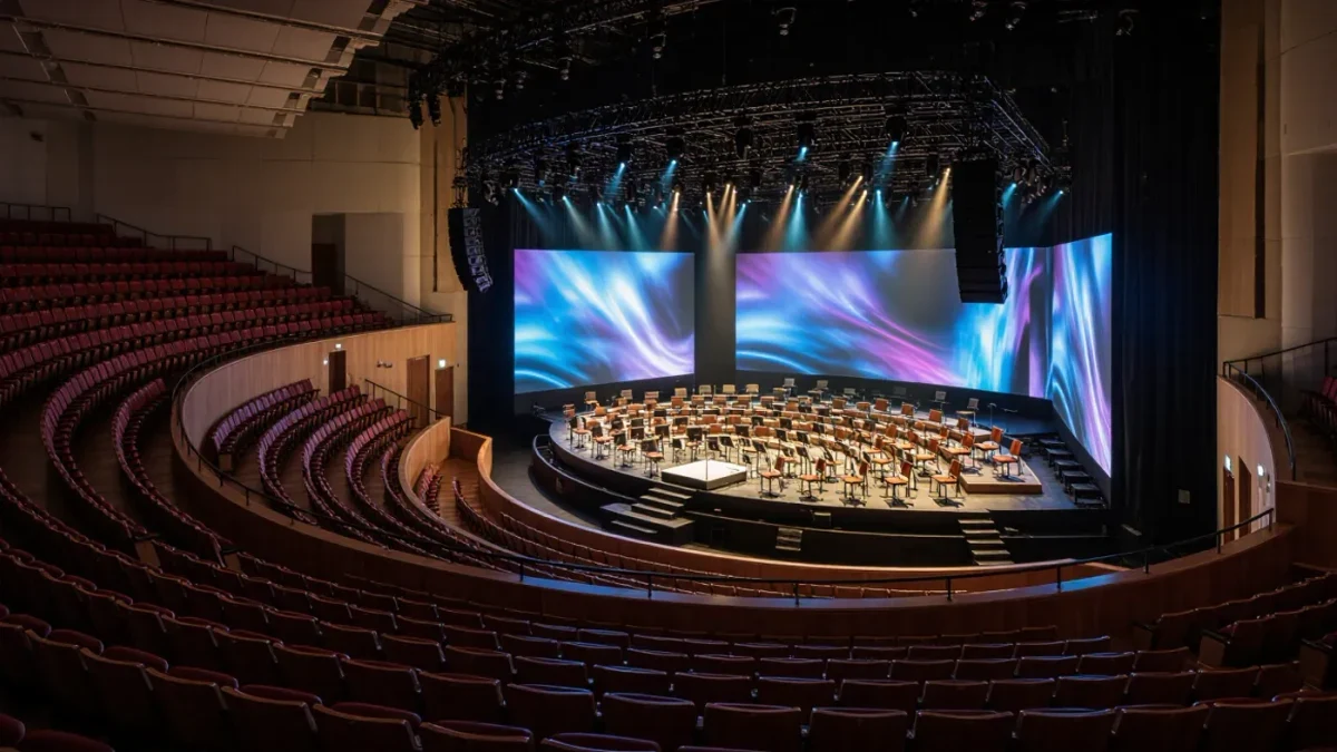 Empty concert hall stage prepared for a video game music performance