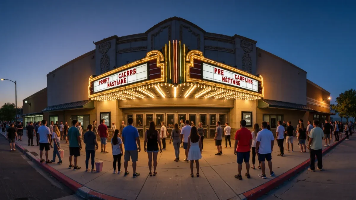 Crowd of moviegoers outside a theater on a summer evening