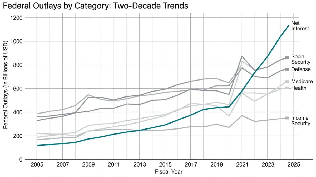 Chart of federal outlays with interest line rising past program spending