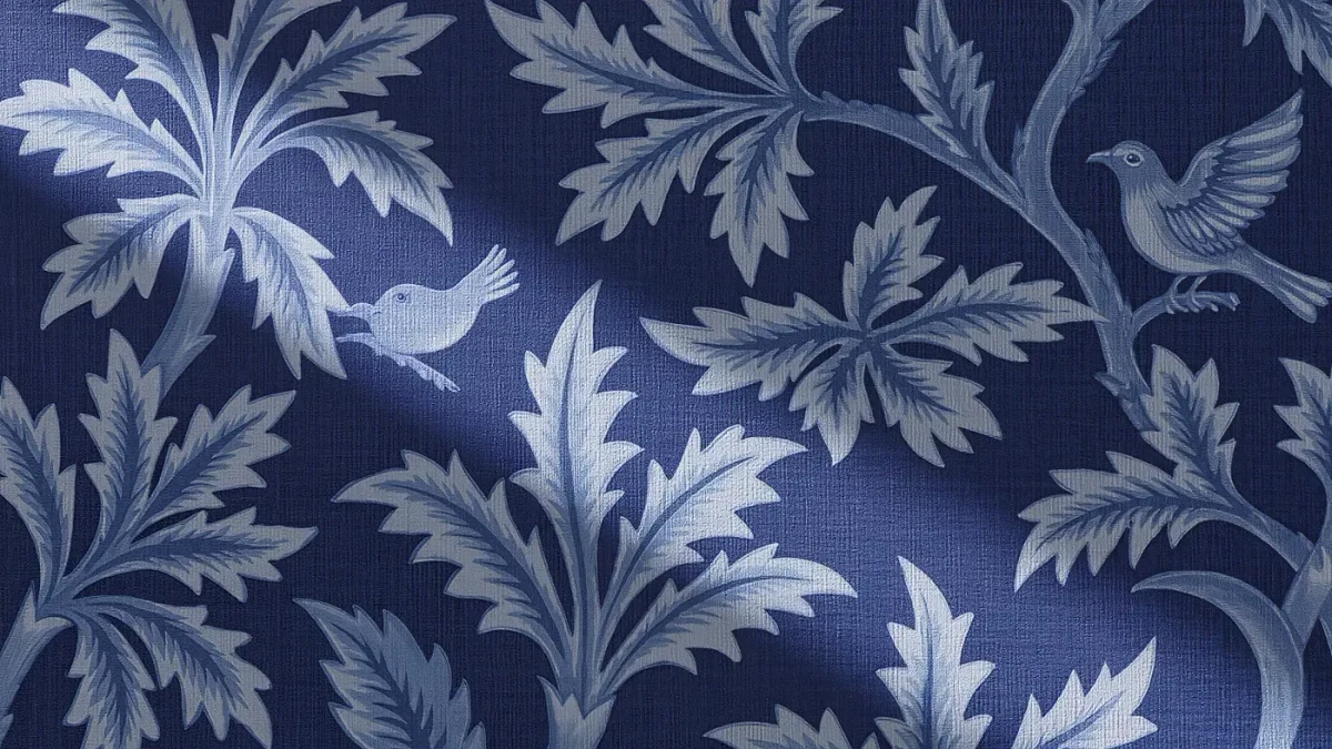 Close-up of indigo block-printed wallpaper showing a scrolling foliage motif