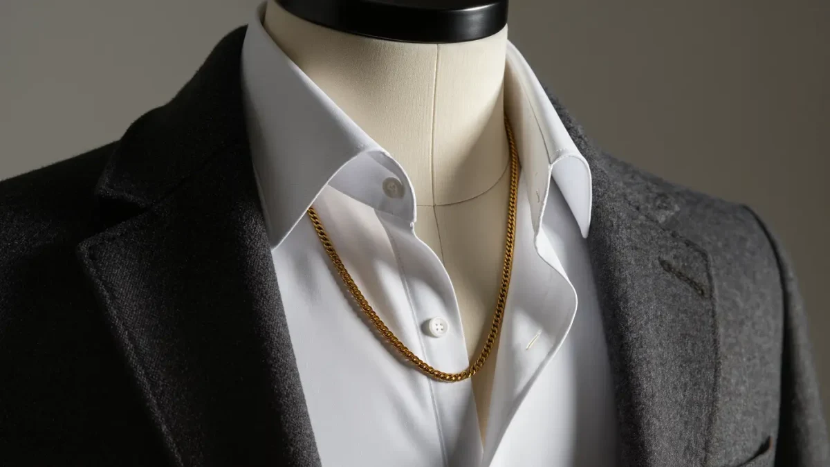 Close-up of an open shirt collar and single gold chain against a plain coat