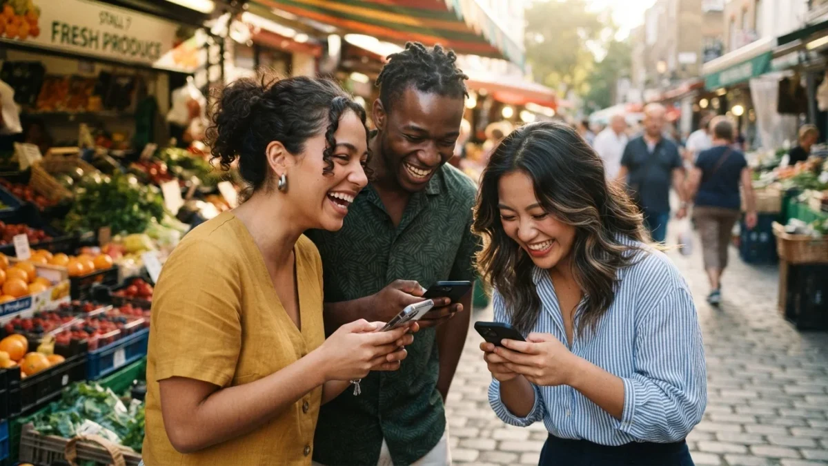 Three friends laughing while looking at phones at a market stall
