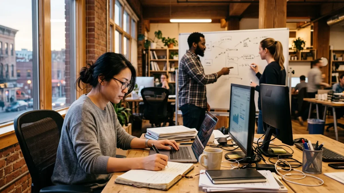 One founder working late alone beside two founders collaborating