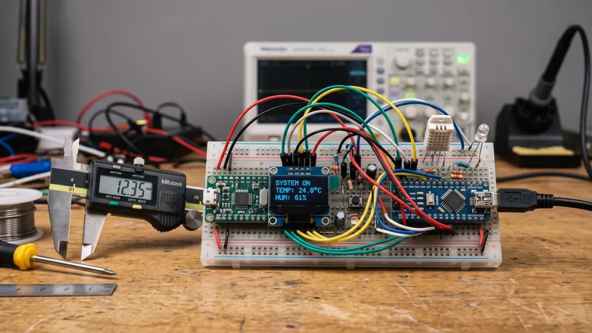 Prototype device wired on workbench close-up