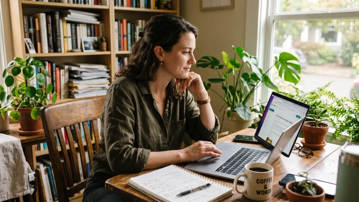 Writer working on a newsletter at a home desk