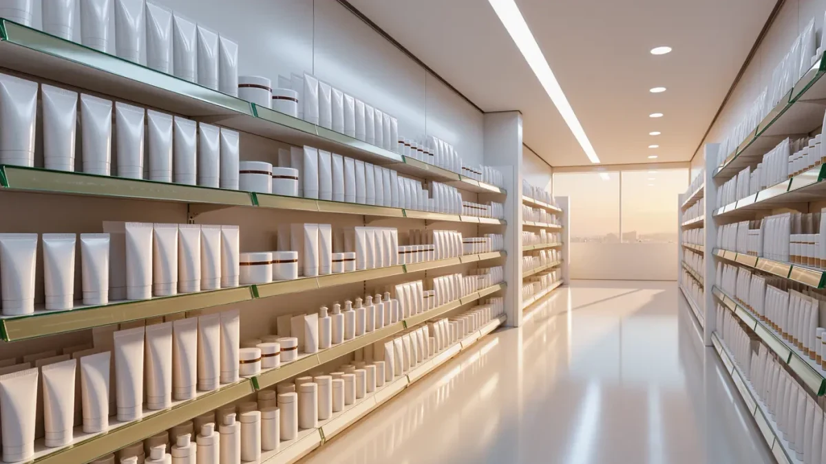 Empty modern pharmacy skincare aisle with shelves of cream tubes in soft daylight