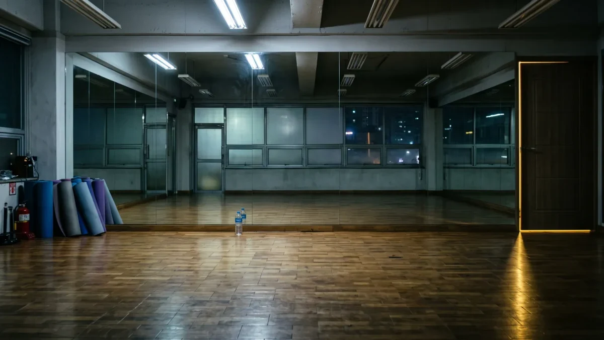 Empty Seoul dance-practice studio with mirrored wall at night