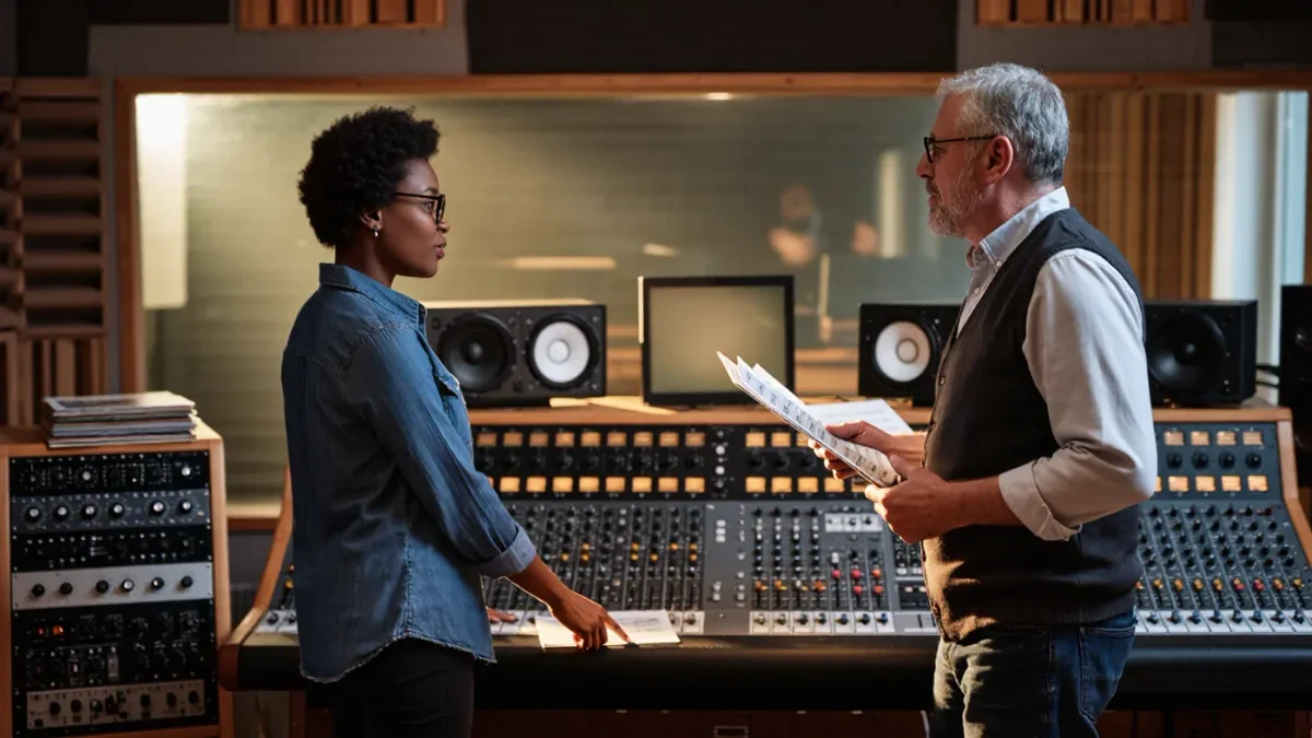 Two music professionals comparing choices across a studio mixing console