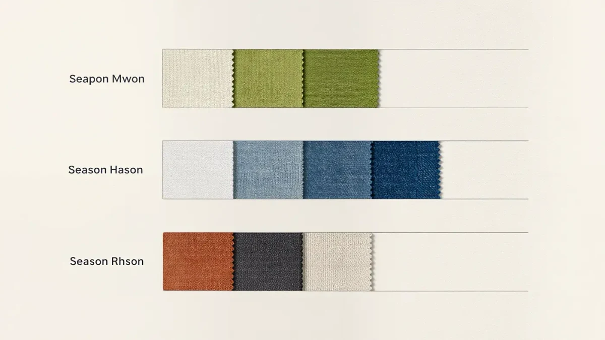 Seasonal color pairing chart with four fabric swatch rows labeled by season