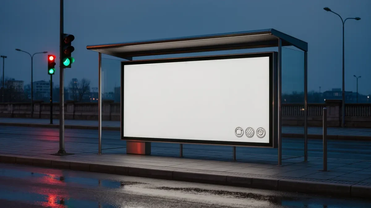 Bus stop ad panel at dusk with a passerby-sized shadow, no people