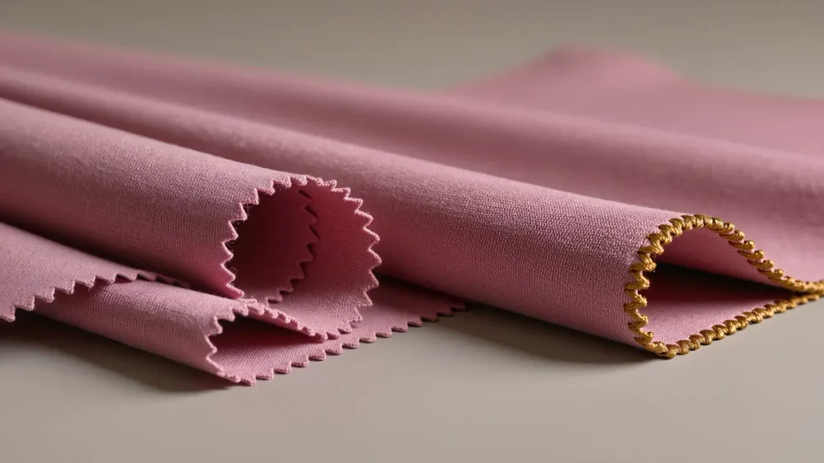 Close-up of a jersey fabric hem curling beside a finished coverstitched hem on gray background