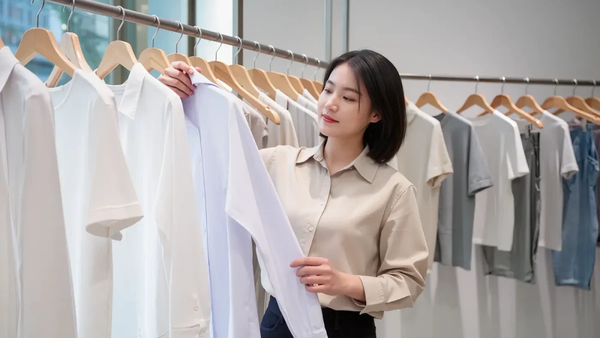 Shopper inspecting a white shirt collar and seam in a bright clothing store