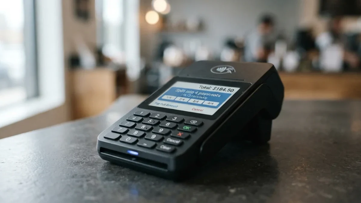 Card payment terminal screen offering four-installment checkout option