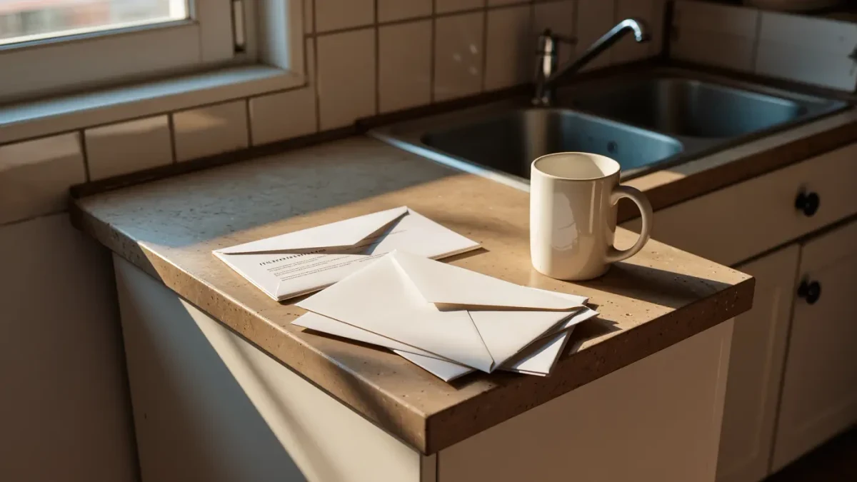 Rental lease paperwork and stacked envelopes on a kitchen table without people