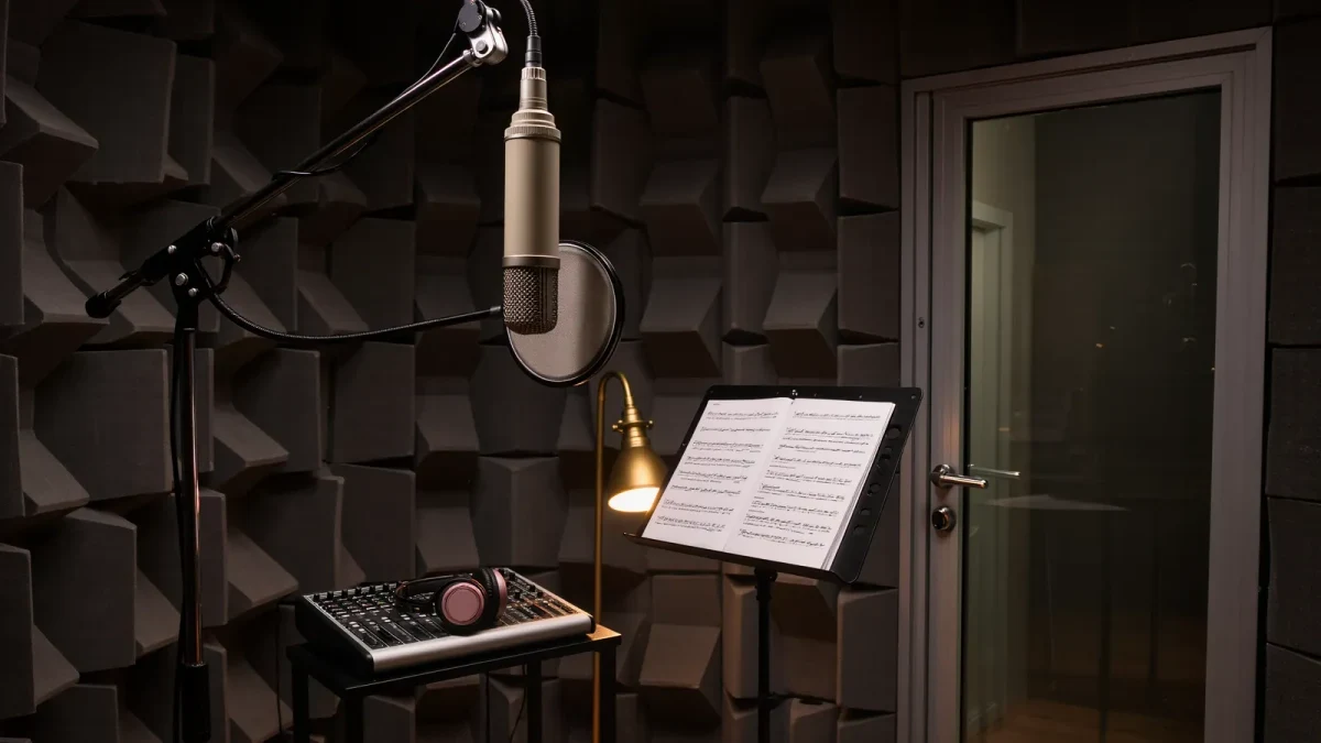 Empty recording booth with microphone and sound panels
