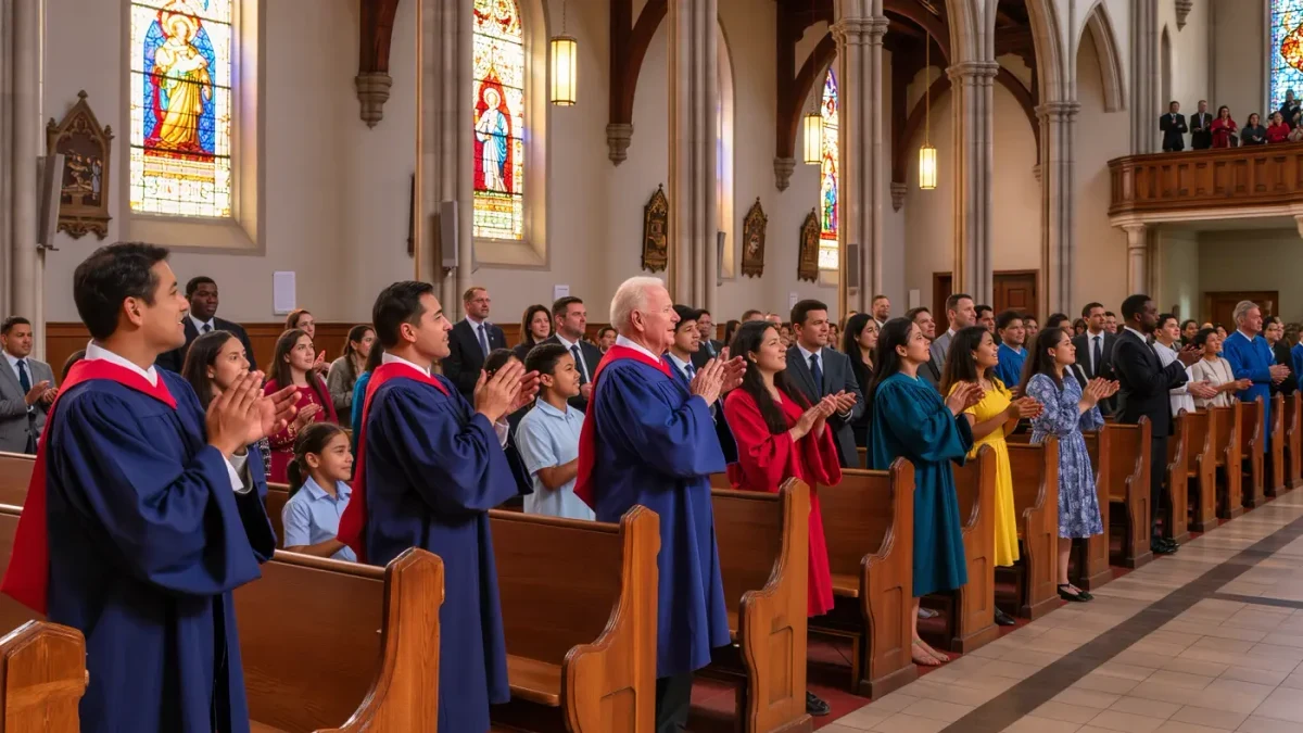 Diverse congregation celebrating at a joyful consecration service